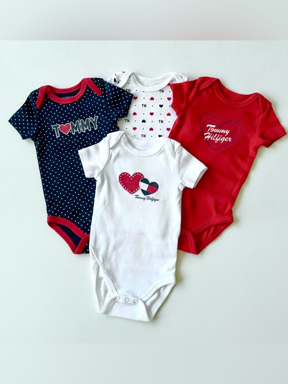 Tommy Hilfiger Baby 4-Pack Heart One-Piece Bodysuits - Red, White, Navy 3-6 mon